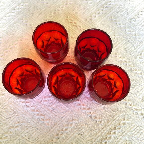 VTG Set 5 Anchor Hocking Ruby Red Georgian Honeycomb Rocks Glasses MCM 60s 70s - Picture 2 of 7